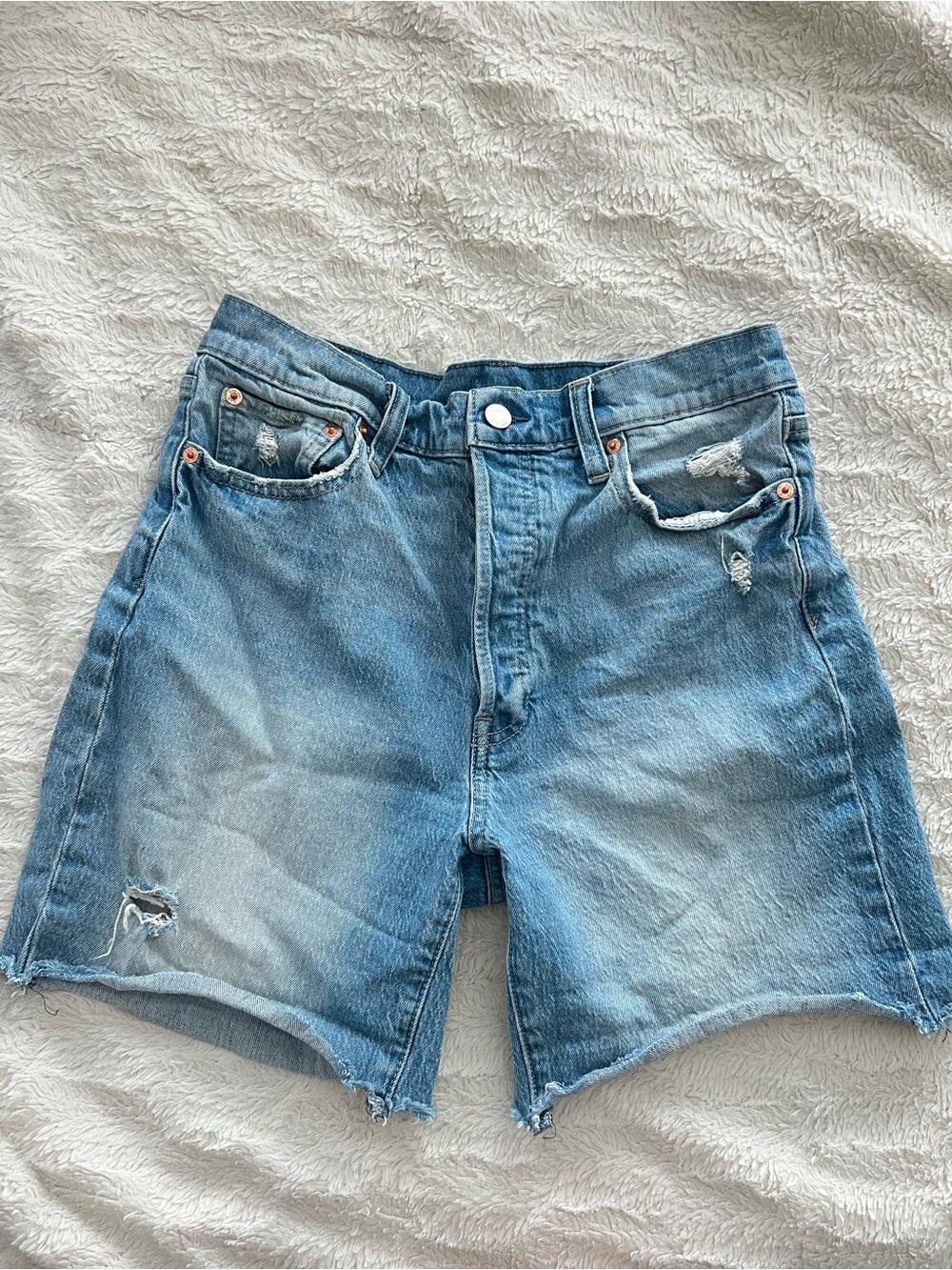 GAP Tall Cheeky Midi Short High Rise Faded Blue Distressed Denim Shorts